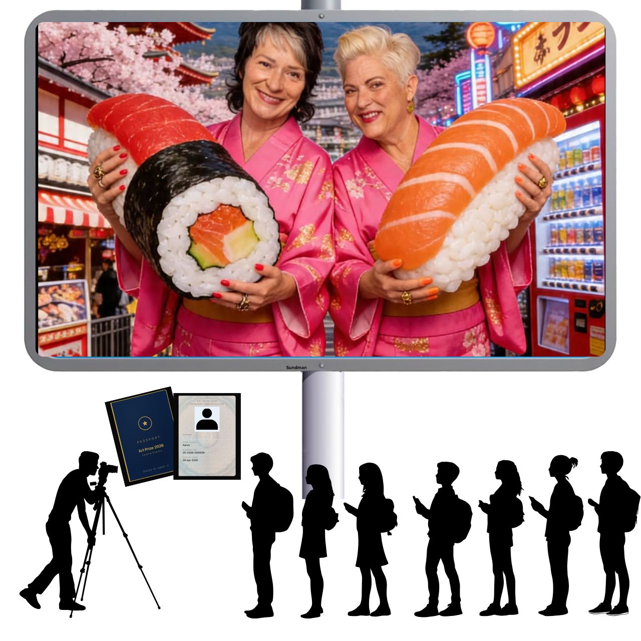Live gallery screen example — visitor composited into Japan scene