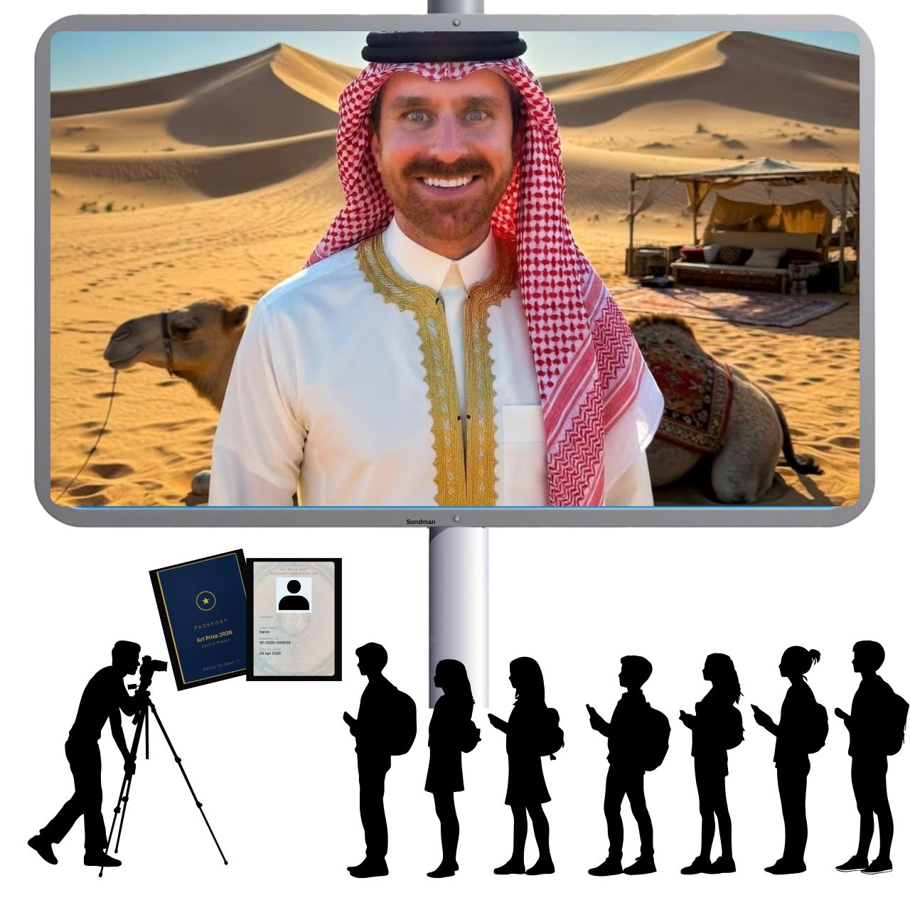 Live gallery screen example — visitor composited into Saudi Arabia scene
