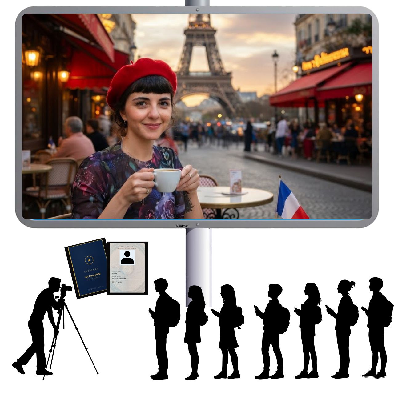 Live gallery screen example — visitor composited into France scene