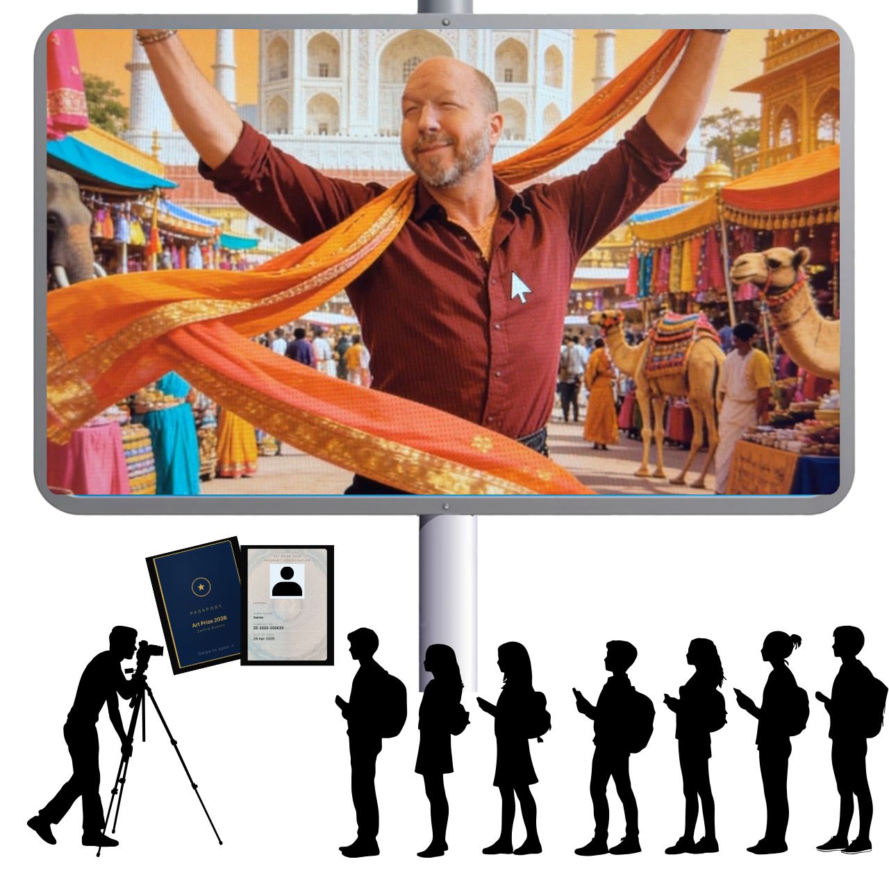Live gallery screen example — visitor composited into India scene