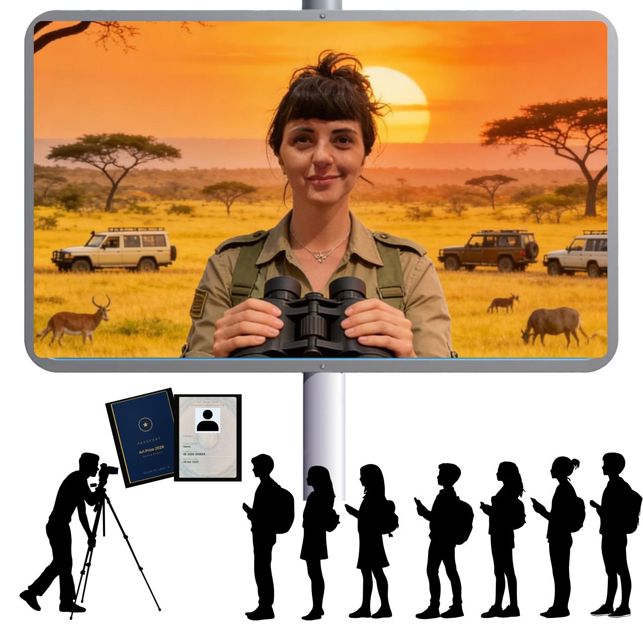 Live gallery screen example — visitor composited into Kenya scene