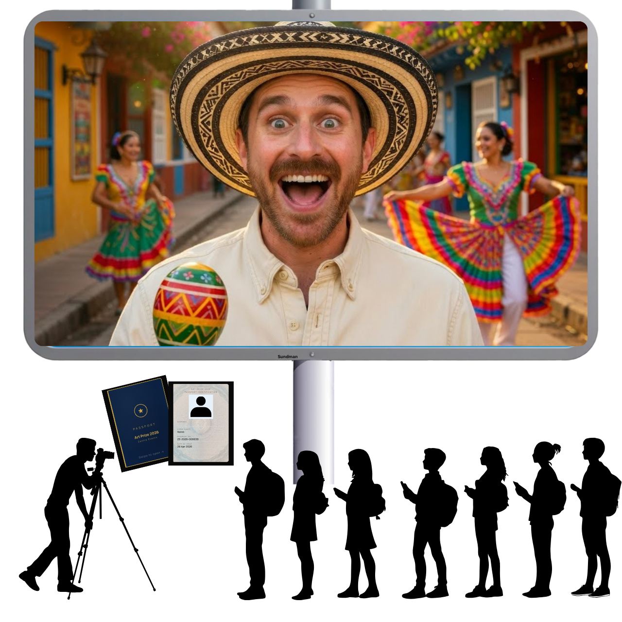 Live gallery screen example — visitor composited into Colombia scene
